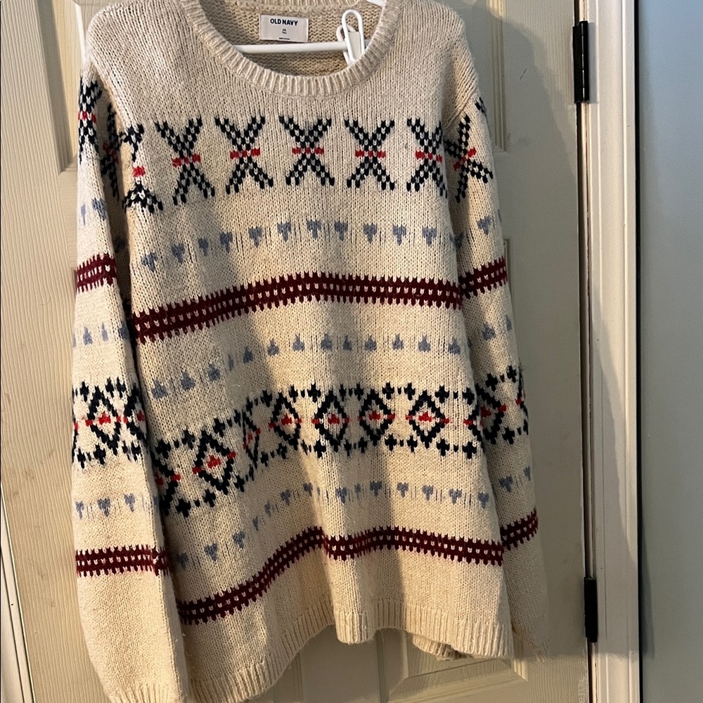 Old Navy Cream Knit Sweater with Red and Navy Accents